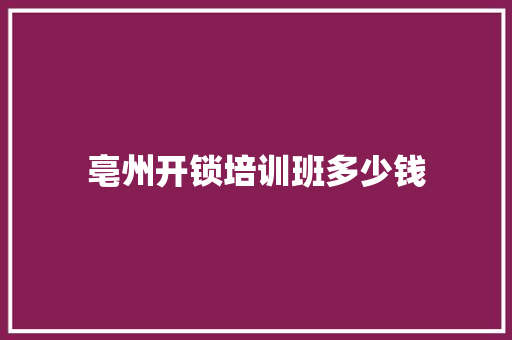 亳州开锁培训班多少钱